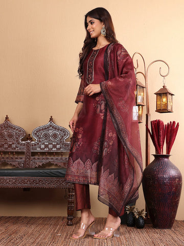 Varanga Women Maroon Floral Printed Kurta Paired With Bottom And Dupatta